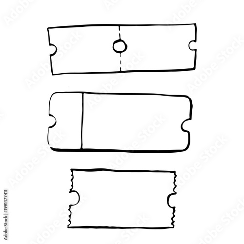 Hand drawn doodle three blank vintage ticket templates. Minimalist vector illustration of retro paper stubs and coupons with perforated edges, ready for custom text or event design.