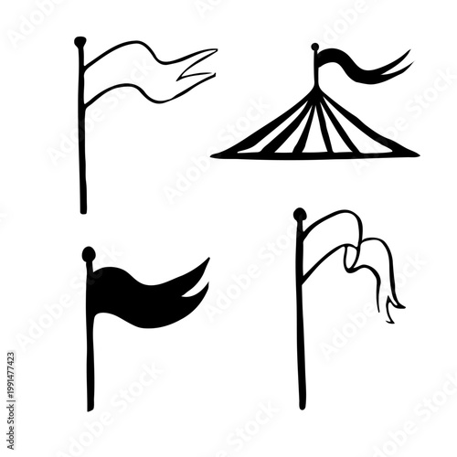 Hand-drawn set of carnival elements including vintage flags and a striped circus tent marquee. Minimalist vector illustration for festivals, fairgrounds, and amusement park event design.