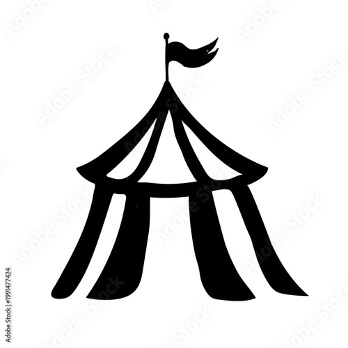 Hand-drawn circus tent with a flag on top. Minimalist vector illustration of a vintage striped big top marquee for carnivals, festivals, or amusement park events