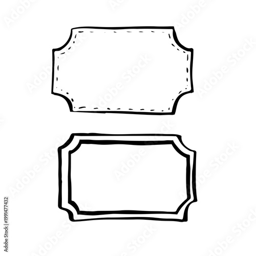 hand drawn doodle two blank vintage ticket or label templates with perforated edges. Minimalist vector illustration of retro admission stubs or gift tags, ready for custom text or design.