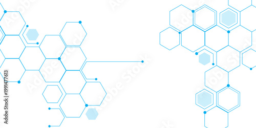 Molecular structure abstract tech background. Geometric blue background. Vector banner design with hexagons. Science network pattern, connecting lines and dots Medical background, Vector illustration.