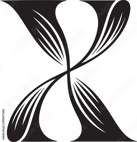Symmetrical abstract x shape formed by four stylized black leaves, botanical cross floral