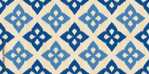 Ethnic ikat seamless pattern with geometric blue ornament. Abstract oriental traditional print with rug texture. Vector tribal decorative background
