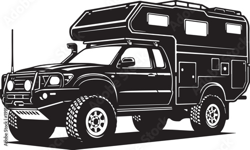 Camper truck, vector campervan, off-road vehicle, adventure mobile