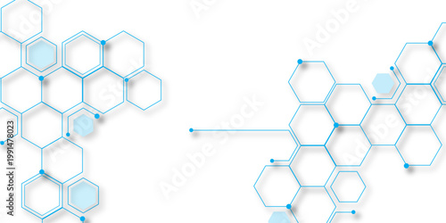 Molecular structure abstract tech background. Geometric blue background. Vector banner design with hexagons. Science network pattern, connecting lines and dots Medical background, Vector illustration.