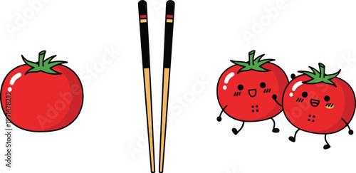 Tomato and chopsticks illustration with cute tomato characters, fresh vegetable and Asian food concept, kawaii cartoon vector for healthy eating and cooking design