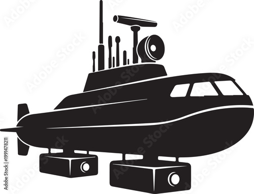Black submarine drone vector, underwater vehicle illustration, remotely operated vehicle, ROV design