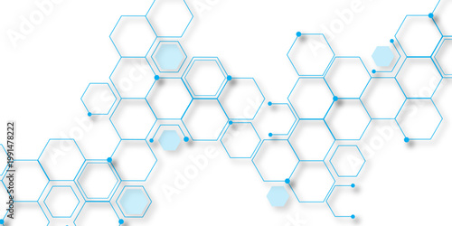Molecular structure abstract tech background. Geometric blue background. Vector banner design with hexagons. Science network pattern, connecting lines and dots Medical background, Vector illustration.