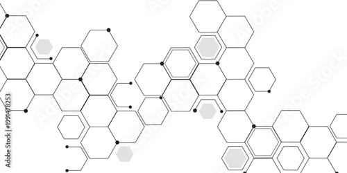 Molecular structure abstract tech background. Geometric white background. Vector banner design with hexagons. Science network pattern, connecting lines and dots Medical background, Vector illustration