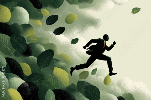 Minimalist silhouette of a businessman running through a sky of green leaves, representing career growth, environmental business, and fast-paced success.