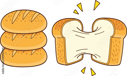Bread loaf and sliced toast illustration, bakery product concept with soft fresh bread texture, staple food vector for breakfast, sandwich making and baking design