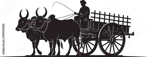 Black oxen, ox cart, rural scene, vector illustration, farm animals, agriculture