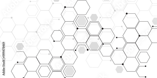Molecular structure abstract tech background. Geometric white background. Vector banner design with hexagons. Science network pattern, connecting lines and dots Medical background, Vector illustration