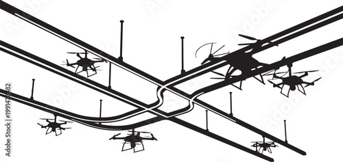 Electricity infrastructure, power lines, pylons, vector illustration, black and white