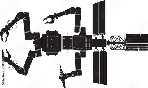 Robotic spacecraft, satellite illustration, mechanical arms, solar panels, black and white vector