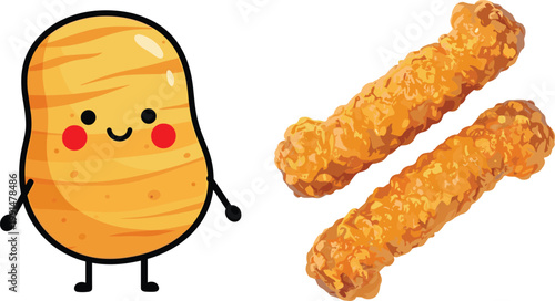 Cute potato character with crispy fried snacks illustration, kawaii food mascot and crunchy potato sticks vector for fast food, snack branding and kids menu design