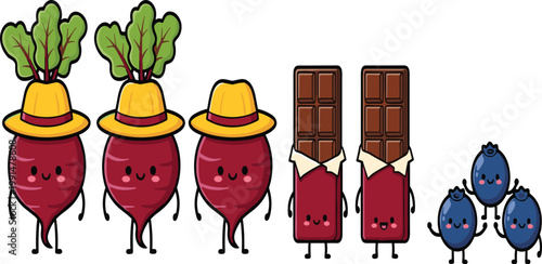 Cute beetroot, chocolate and blueberry characters illustration, kawaii food mascots set with vegetables, sweets and fruits, playful cartoon vector for kids and healthy lifestyle design