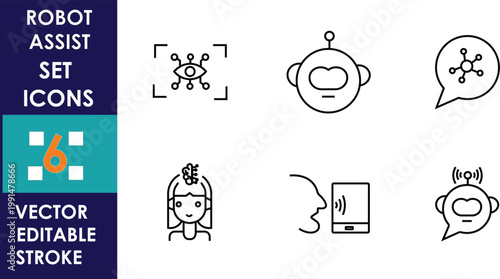 Minimal robot assist icon set featuring cute robotic characters, voice control, scanning, chatbot communication, and smart technology symbols in clean outline vector style modern