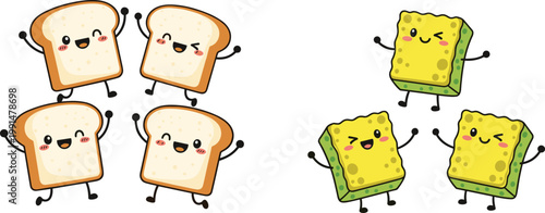 Cute bread and cheese cartoon characters illustration, kawaii toast slices and sandwich mascots, playful food vector for kids menu, bakery branding and snack design