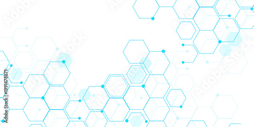Molecular structure abstract tech background. Geometric blue background. Vector banner design with hexagons. Science network pattern, connecting lines and dots Medical background, Vector illustration.