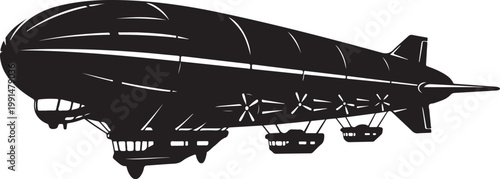 Vintage Blimp, Black Airship, Dirigible Illustration, Zeppelin Vector
