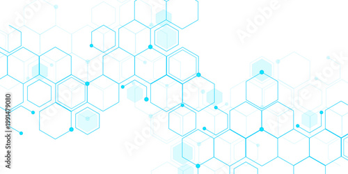 Molecular structure abstract tech background. Geometric blue background. Vector banner design with hexagons. Science network pattern, connecting lines and dots Medical background, Vector illustration.