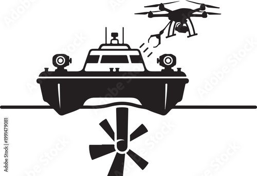 Black and white vector illustration, boat with drone, underwater propeller, nautical, robotic, marine