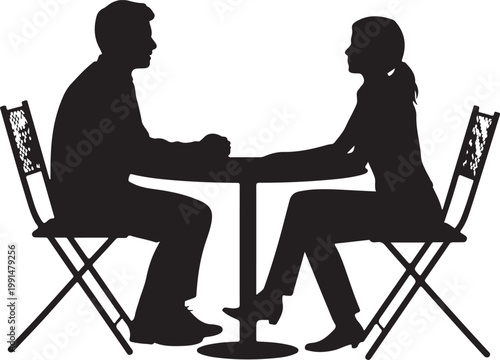 Silhouette of a couple having a coffee date at a table.  Conversation or Dating Scene Vector.