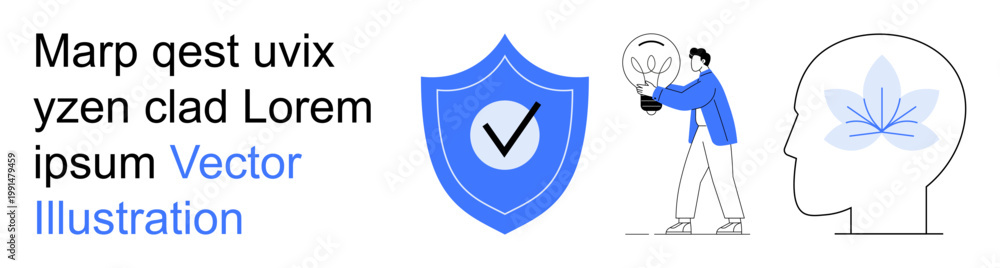 Naklejka premium Data security, innovation, mental health, personal growth, idea generation, self-improvement. Shield with checkmark, person with light bulb head with leaf. Data security and innovation concept