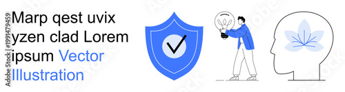 Data security, innovation, mental health, personal growth, idea generation, self-improvement. Shield with checkmark, person with light bulb head with leaf. Data security and innovation concept
