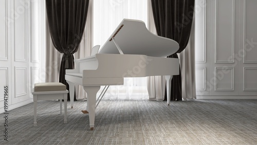 White grand piano in elegant, luxury room with wainscot wall in sunlight from sheer curtain window on gray carpet floor for interior design decoration, product background 3D