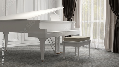 White grand piano in elegant, luxury room with wainscot wall in sunlight from sheer curtain window on gray carpet floor for interior design decoration, product background 3D