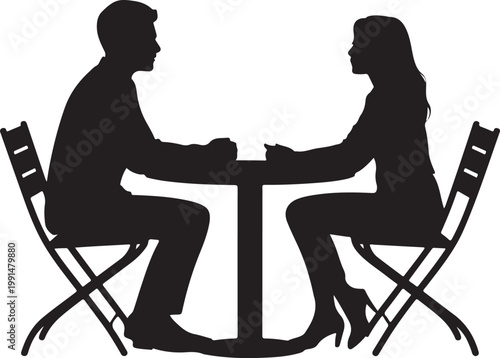 Silhouette of a couple having a coffee date at a table.  Conversation or Dating Scene Vector.
