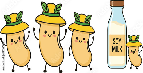 Cute soybean characters with soy milk bottle illustration, kawaii plant based dairy alternative concept, healthy vegan food cartoon vector for organic nutrition branding