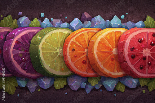 Stylized citrus slices in vibrant colors arranged with crystal fragments, featuring a unique textured art style for creative food concepts.