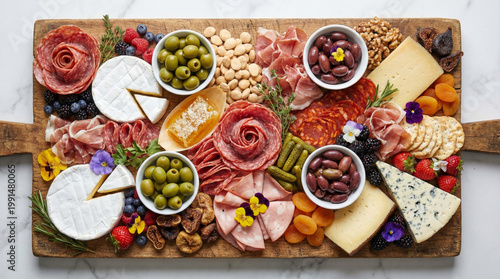 A beautifully arranged charcuterie board with various meats and cheeses