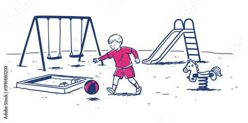 Child Playing with Ball at Playground Line Art Illustration