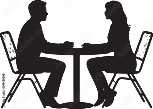 Silhouette of a couple having a coffee date at a table.  Conversation or Dating Scene Vector.