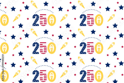 Patriotic 250th anniversary pattern featuring the number 250 with American flag colors, stars, and gold medals, celebrating the 2026 US sestercentennial on a festive background.