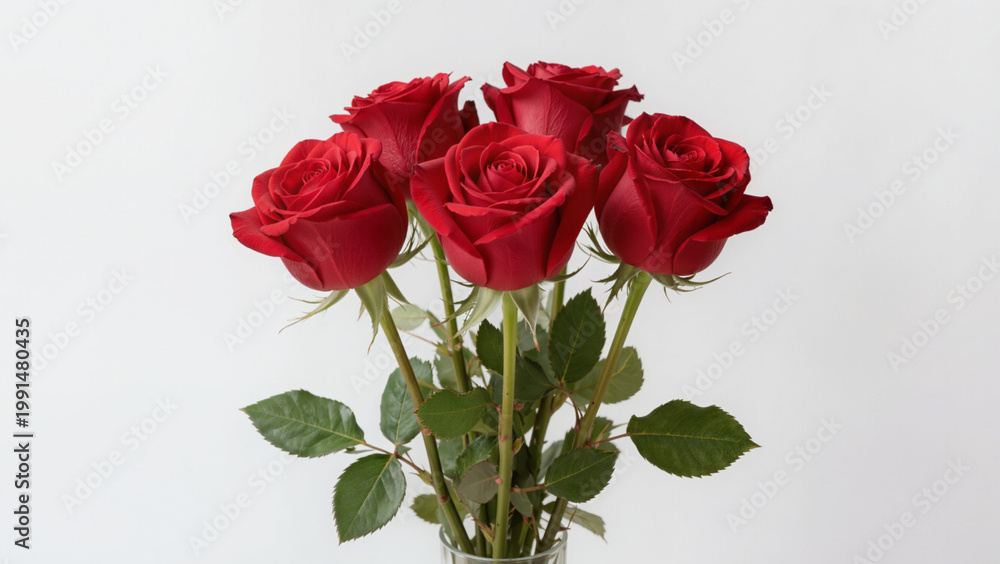 Naklejka premium bouquet of red roses, A stunning bouquet of five deep red roses. The velvety red petals look incredibly vibrant and fresh. Slender green stems and leaves provide a natural contrast.
