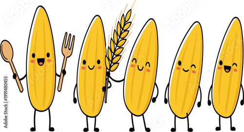 Cute corn characters with wheat and utensils illustration, kawaii maize mascots representing food and agriculture, playful vegetable cartoon vector for healthy eating concept