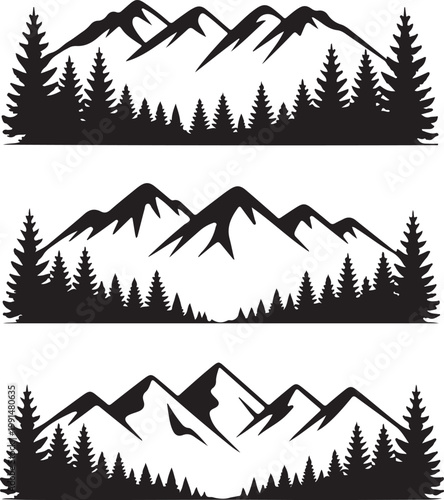 Three distinct black silhouette mountain ranges with pine forest borders on white background set