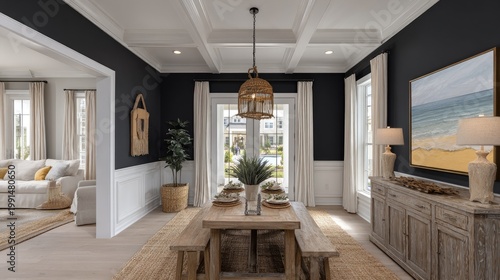 Contemporary dining room features dark walls contrasted with light wood furniture and natural textures