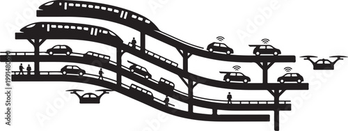 Futuristic highway interchange, multi-level road system, urban infrastructure, vector illustration