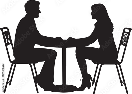 Silhouette of a couple having a coffee date at a table.  Conversation or Dating Scene Vector.