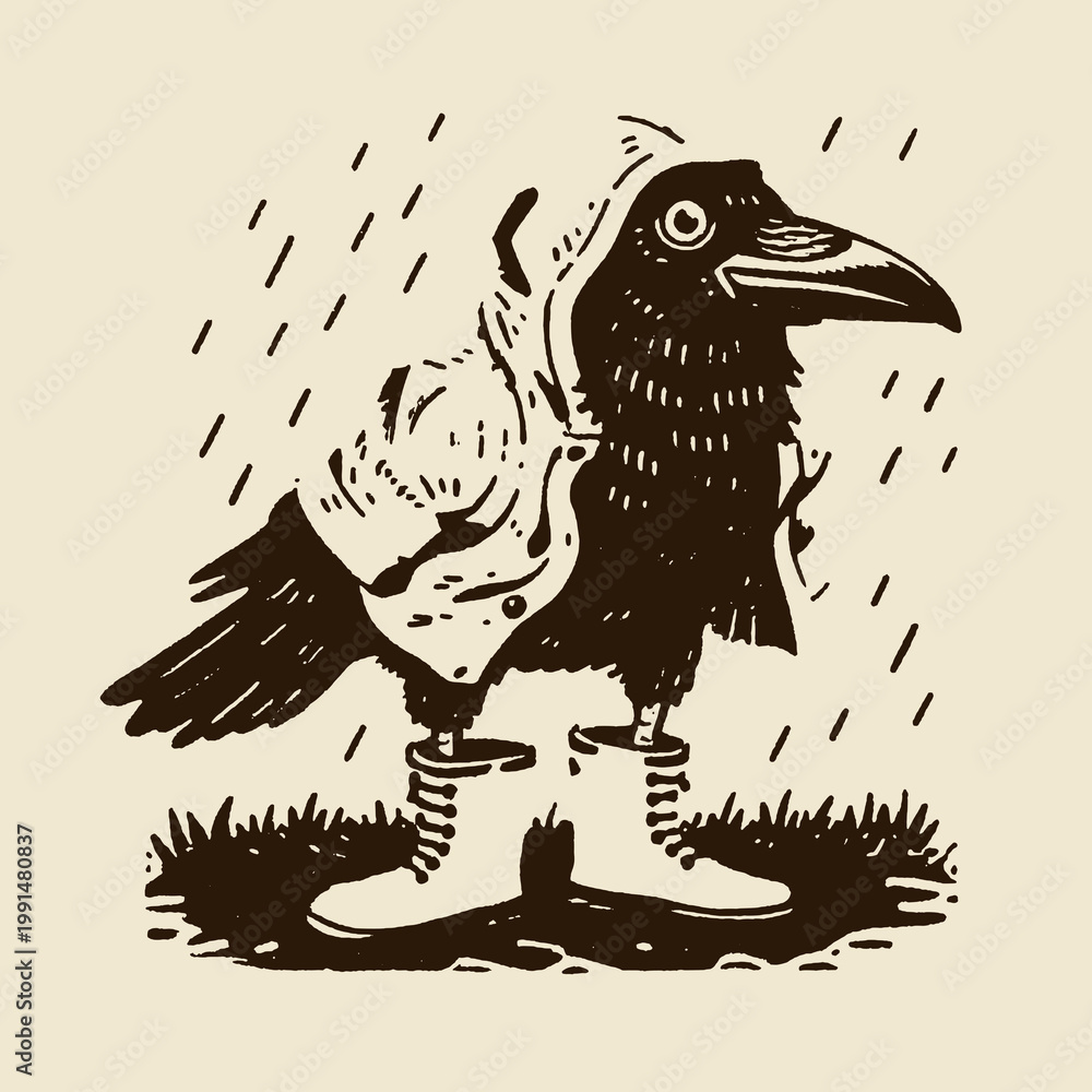 Obraz premium Funny vintage raven in raincoat and boots illustrating a humorous quote on a playful t-shirt print