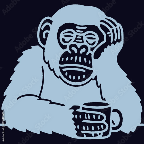 Vintage style monkey holding coffee mug with a humorous twist on life’s little frustrations