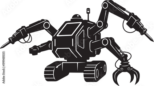 Robotic spider machine, industrial robot, mechanical creature, black vector illustration