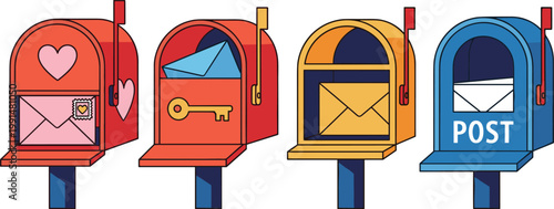 Colorful mailbox set with letters and envelopes illustration, postal service and communication concept, love mail and delivery box vector collection for messaging design