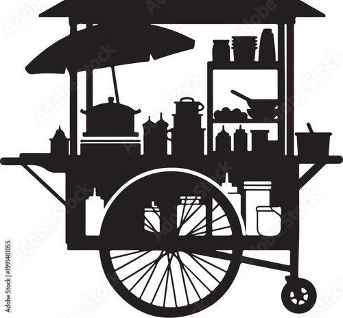 Food cart, street food vendor, black silhouette, vector illustration, food truck, market cart